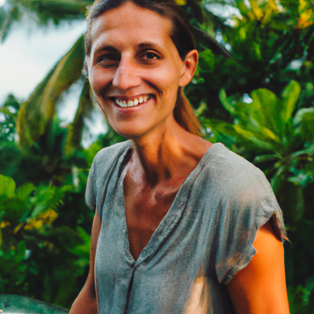 Portrait d’une formatrice en robotique souriante en extérieur sur fond tropical