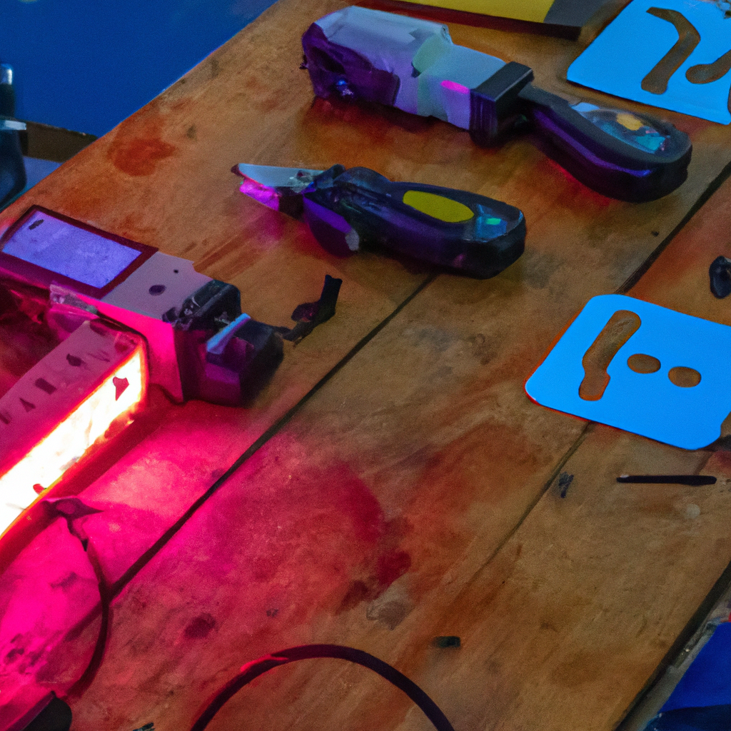 Atelier de robotique sur une île tropicale: élèves assemblant des robots sur un établi avec outils et LEDs colorées